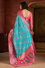 Scrumptious Turquoise Pure Zari Weaving Banarasi Silk Saree With Elegant Blouse Piece