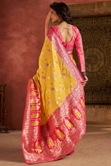 Prettiest Yellow Pure Zari Weaving Banarasi Silk Saree With Fairytale Blouse Piece