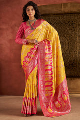 Prettiest Yellow Pure Zari Weaving Banarasi Silk Saree With Fairytale Blouse Piece