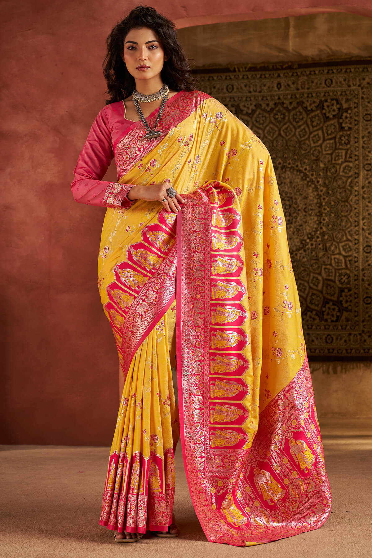 Prettiest Yellow Pure Zari Weaving Banarasi Silk Saree With Fairytale Blouse Piece