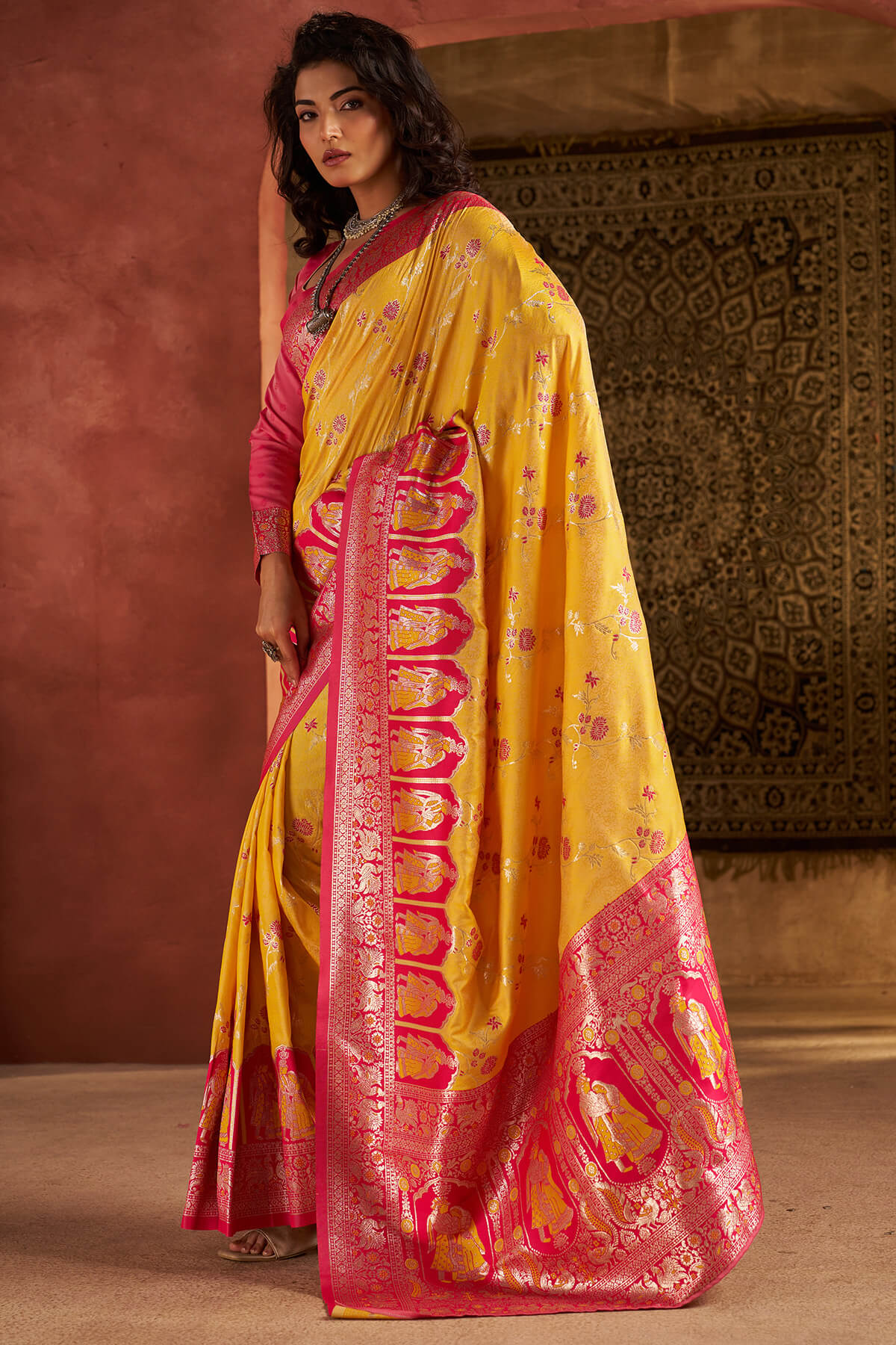 Prettiest Yellow Pure Zari Weaving Banarasi Silk Saree With Fairytale Blouse Piece