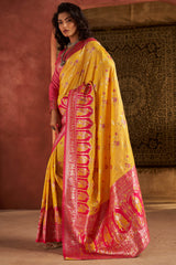 Prettiest Yellow Pure Zari Weaving Banarasi Silk Saree With Fairytale Blouse Piece