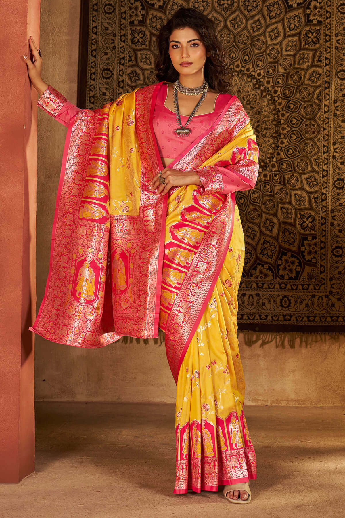 Prettiest Yellow Pure Zari Weaving Banarasi Silk Saree With Fairytale Blouse Piece