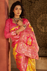 Prettiest Yellow Pure Zari Weaving Banarasi Silk Saree With Fairytale Blouse Piece