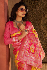 Prettiest Yellow Pure Zari Weaving Banarasi Silk Saree With Fairytale Blouse Piece
