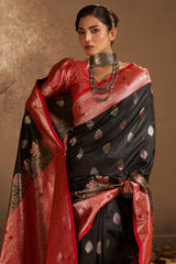 Prominent Black Pure Zari Weaving Banarasi Silk Saree With Ideal Blouse Piece