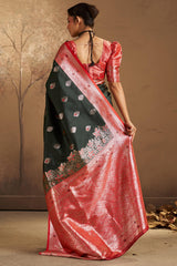 Engrossing Dark Green Pure Zari Weaving Banarasi Silk Saree With Comely Blouse Piece
