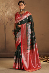 Engrossing Dark Green Pure Zari Weaving Banarasi Silk Saree With Comely Blouse Piece