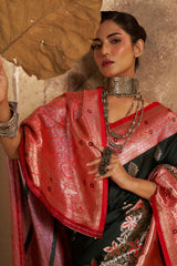 Engrossing Dark Green Pure Zari Weaving Banarasi Silk Saree With Comely Blouse Piece