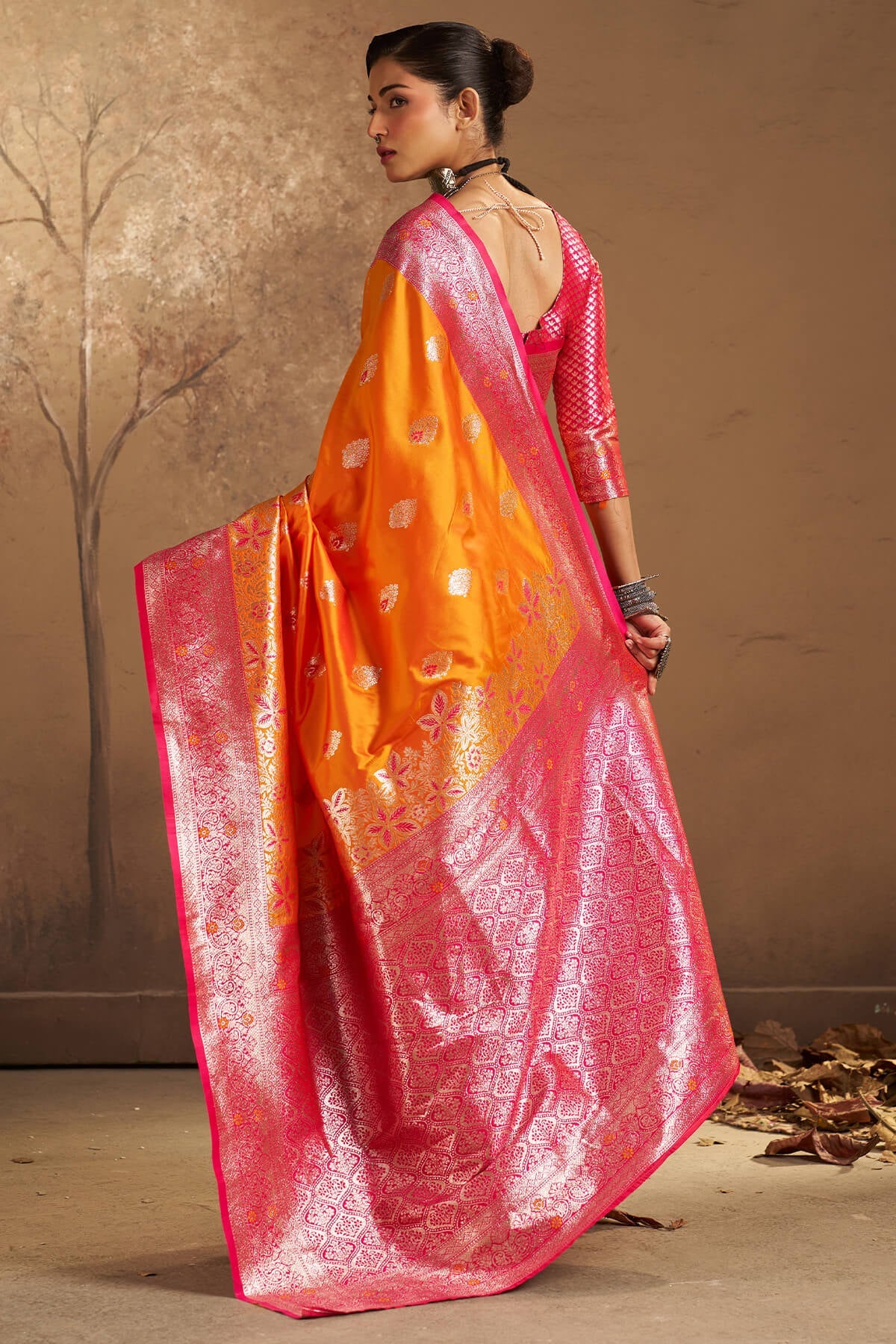 Luxuriant Orange Pure Zari Weaving Banarasi Silk Saree With Glorious Blouse Piece