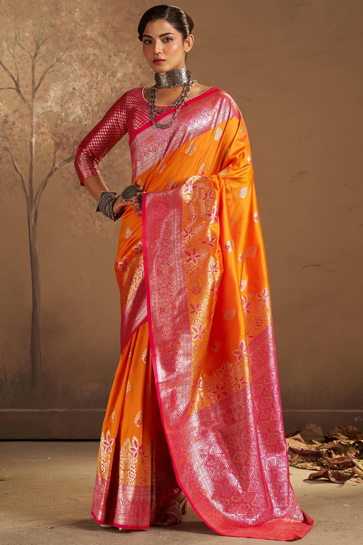 Luxuriant Orange Pure Zari Weaving Banarasi Silk Saree With Glorious Blouse Piece