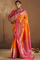 Luxuriant Orange Pure Zari Weaving Banarasi Silk Saree With Glorious Blouse Piece
