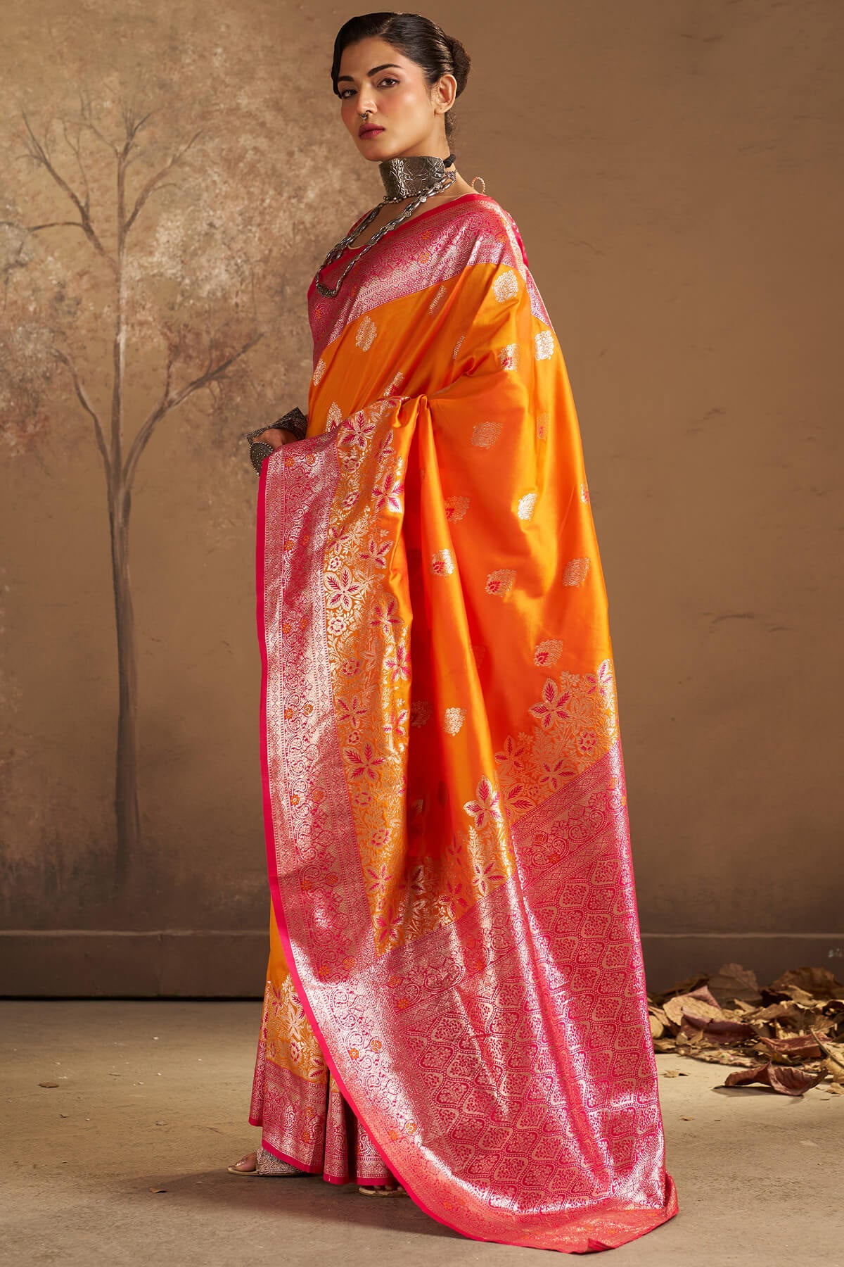Luxuriant Orange Pure Zari Weaving Banarasi Silk Saree With Glorious Blouse Piece
