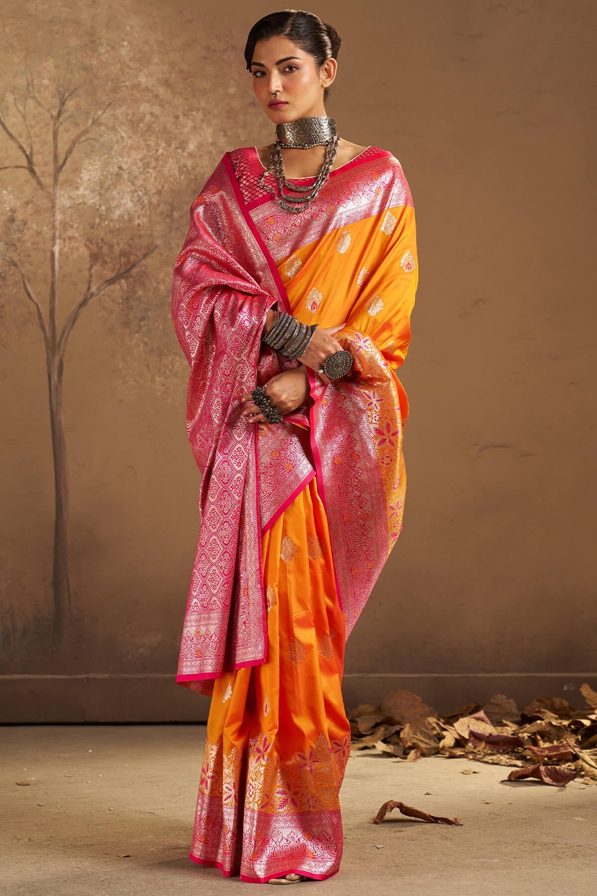 Luxuriant Orange Pure Zari Weaving Banarasi Silk Saree With Glorious Blouse Piece