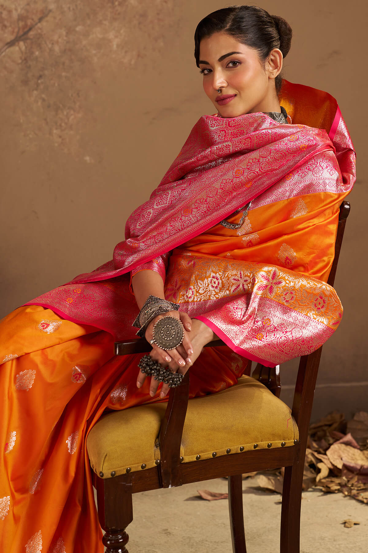 Luxuriant Orange Pure Zari Weaving Banarasi Silk Saree With Glorious Blouse Piece