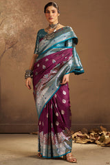 Fancifull Purple Pure Zari Weaving Banarasi Silk Saree With Efflorescence Blouse Piece