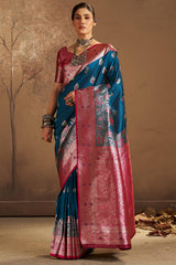 Dazzling Rama Pure Zari Weaving Banarasi Silk Saree With Snappy Blouse Piece