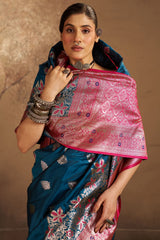 Dazzling Rama Pure Zari Weaving Banarasi Silk Saree With Snappy Blouse Piece