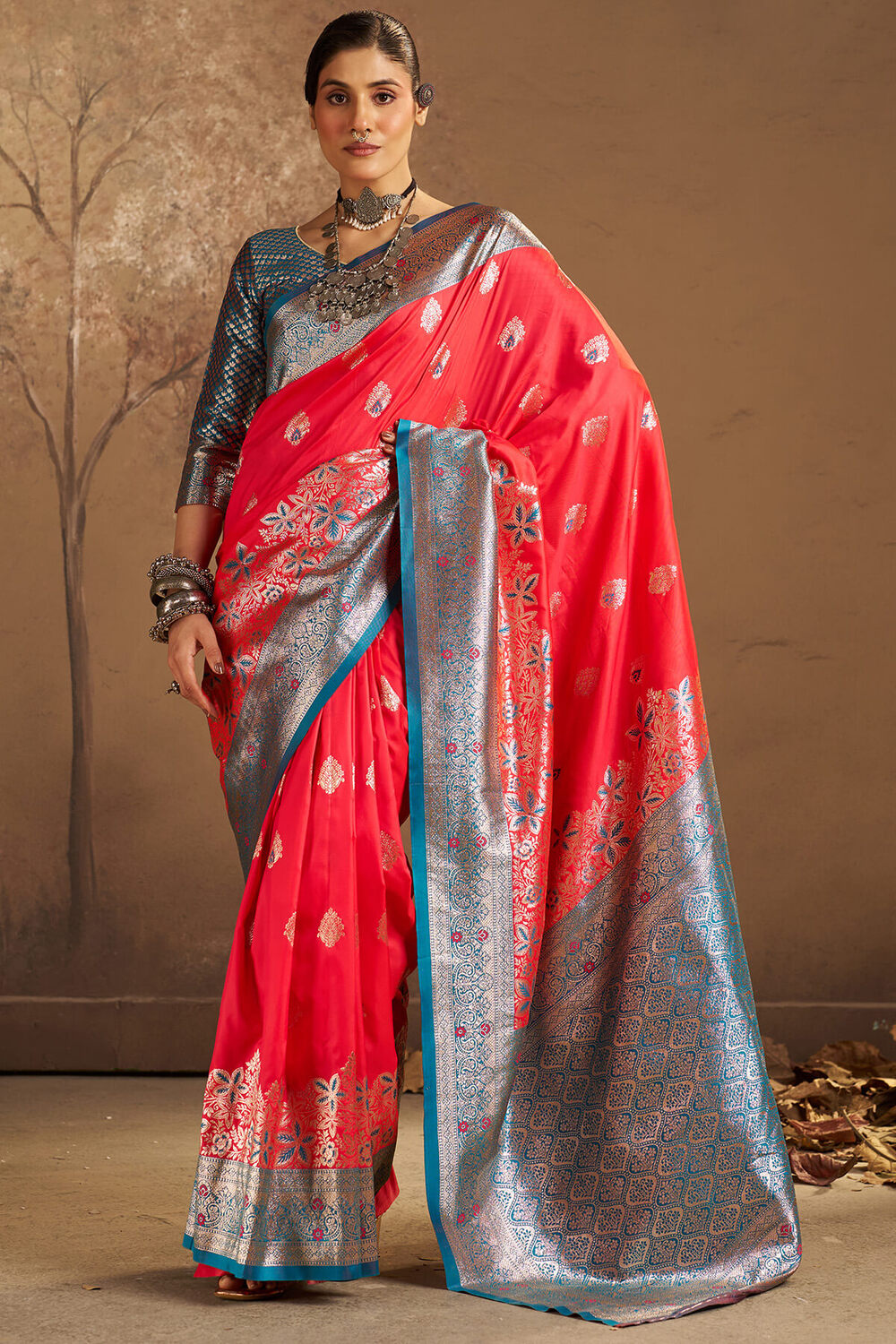 Assemblage Red Pure Zari Weaving Banarasi Silk Saree With Demanding Blouse Piece