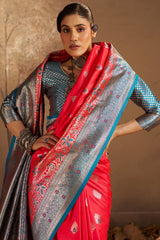 Assemblage Red Pure Zari Weaving Banarasi Silk Saree With Demanding Blouse Piece