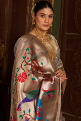 Luxuriant Grey Organza Paithani Silk Saree With Intricate Blouse Piece