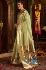 Diaphanous Pista Organza Paithani Silk Saree With Sensational Blouse Piece