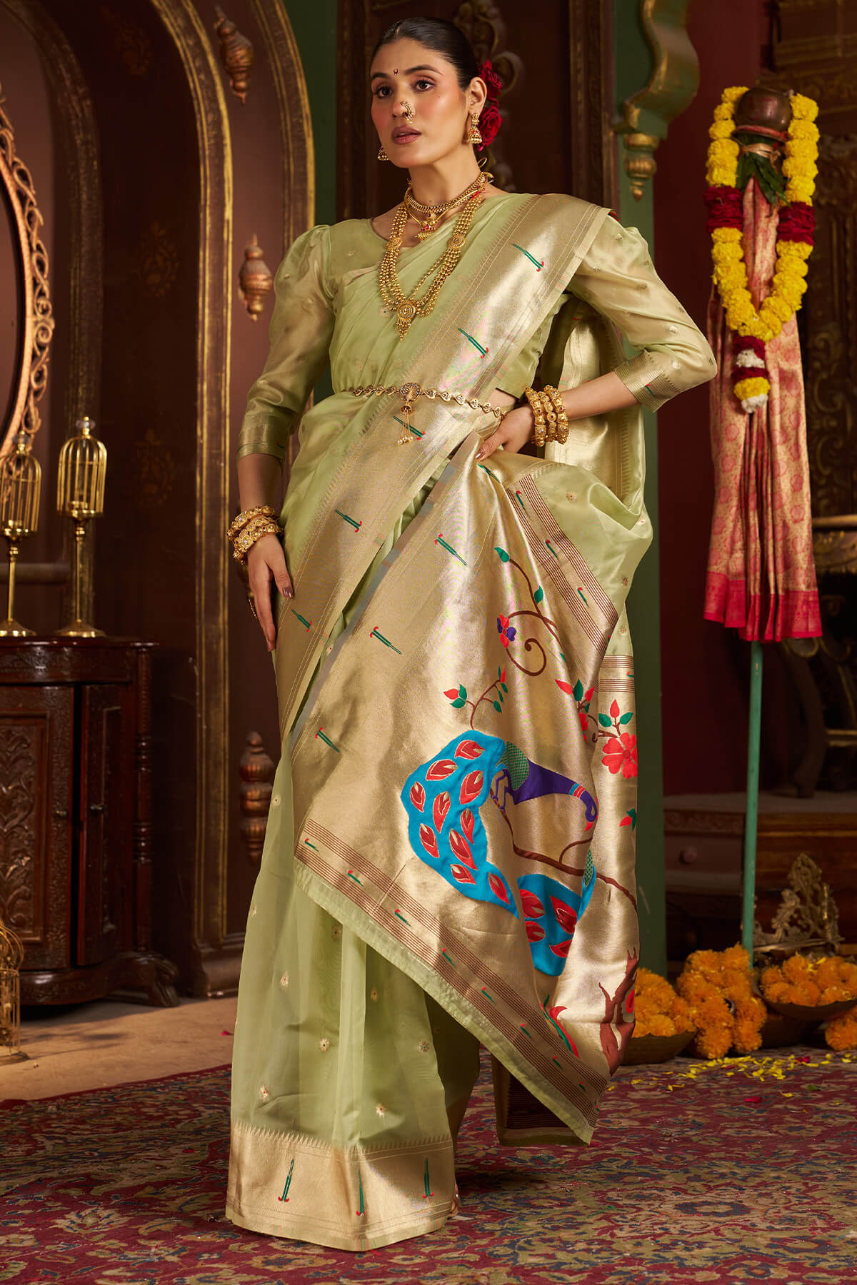 Diaphanous Pista Organza Paithani Silk Saree With Sensational Blouse Piece
