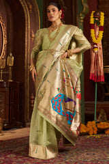 Diaphanous Pista Organza Paithani Silk Saree With Sensational Blouse Piece