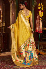 Devastating Yellow Organza Paithani Silk Saree With Beguiling Blouse Piece