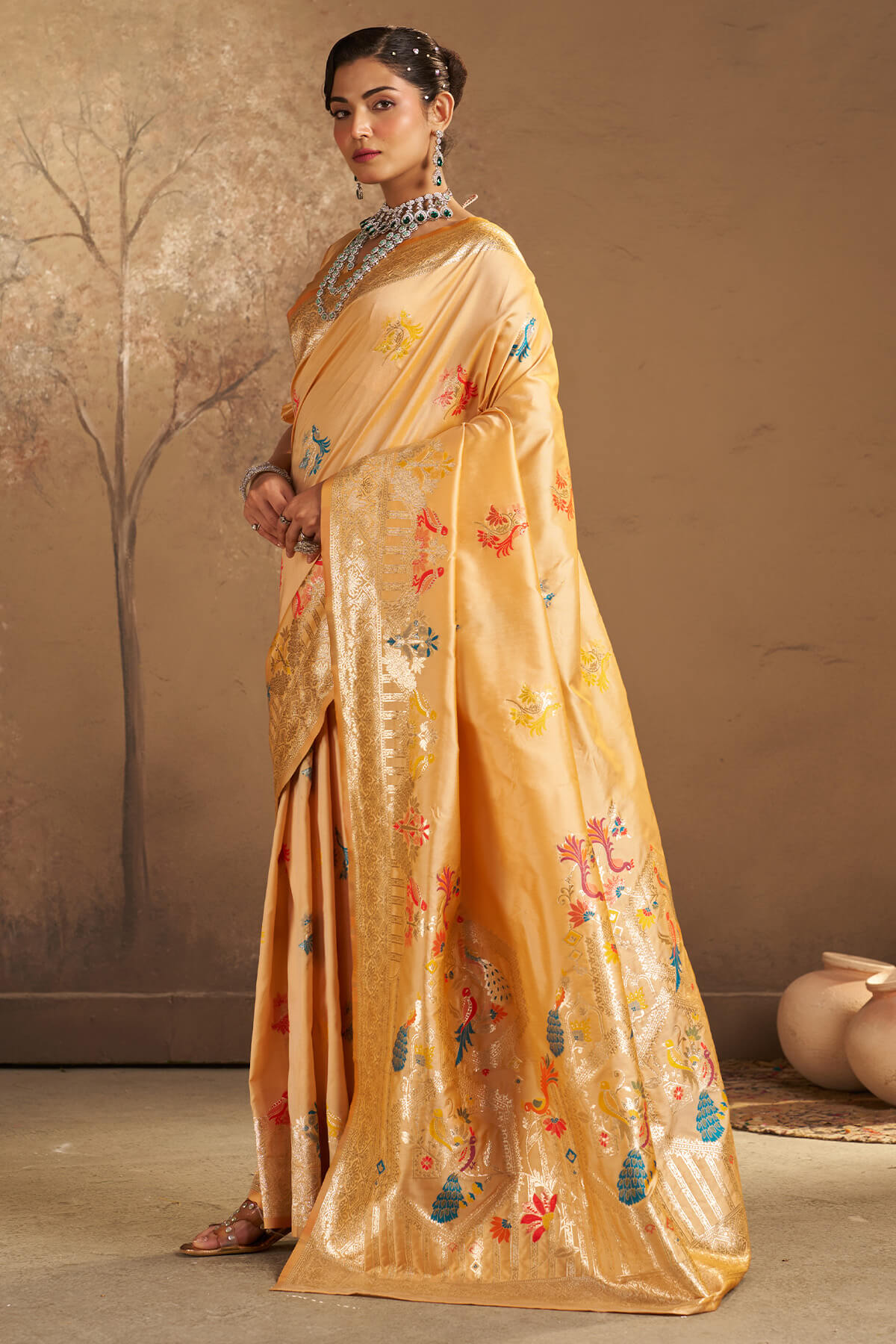 Majestic Beige Pure Zari Weaving Banarasi Silk Saree With Mellifluous Blouse Piece