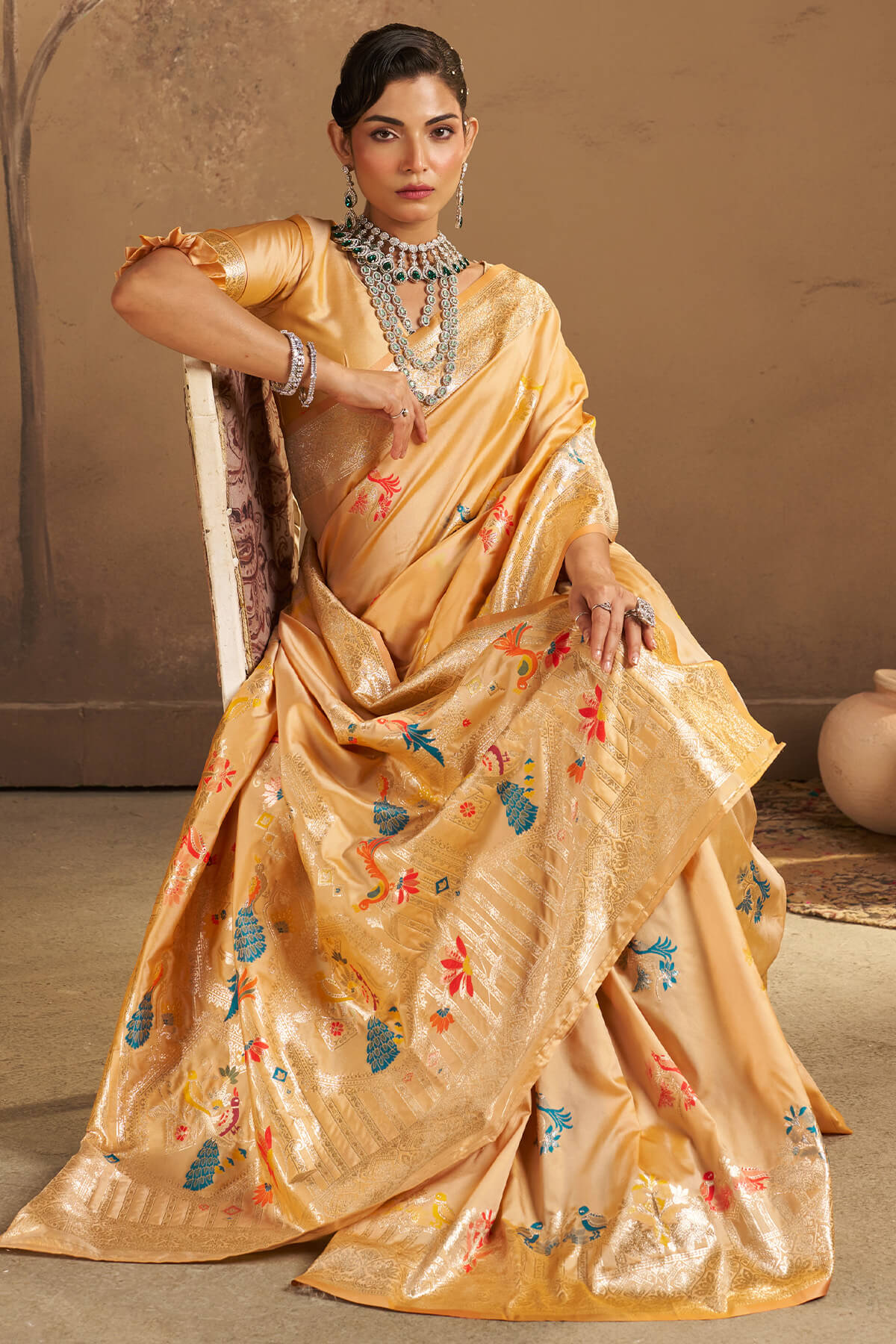 Majestic Beige Pure Zari Weaving Banarasi Silk Saree With Mellifluous Blouse Piece