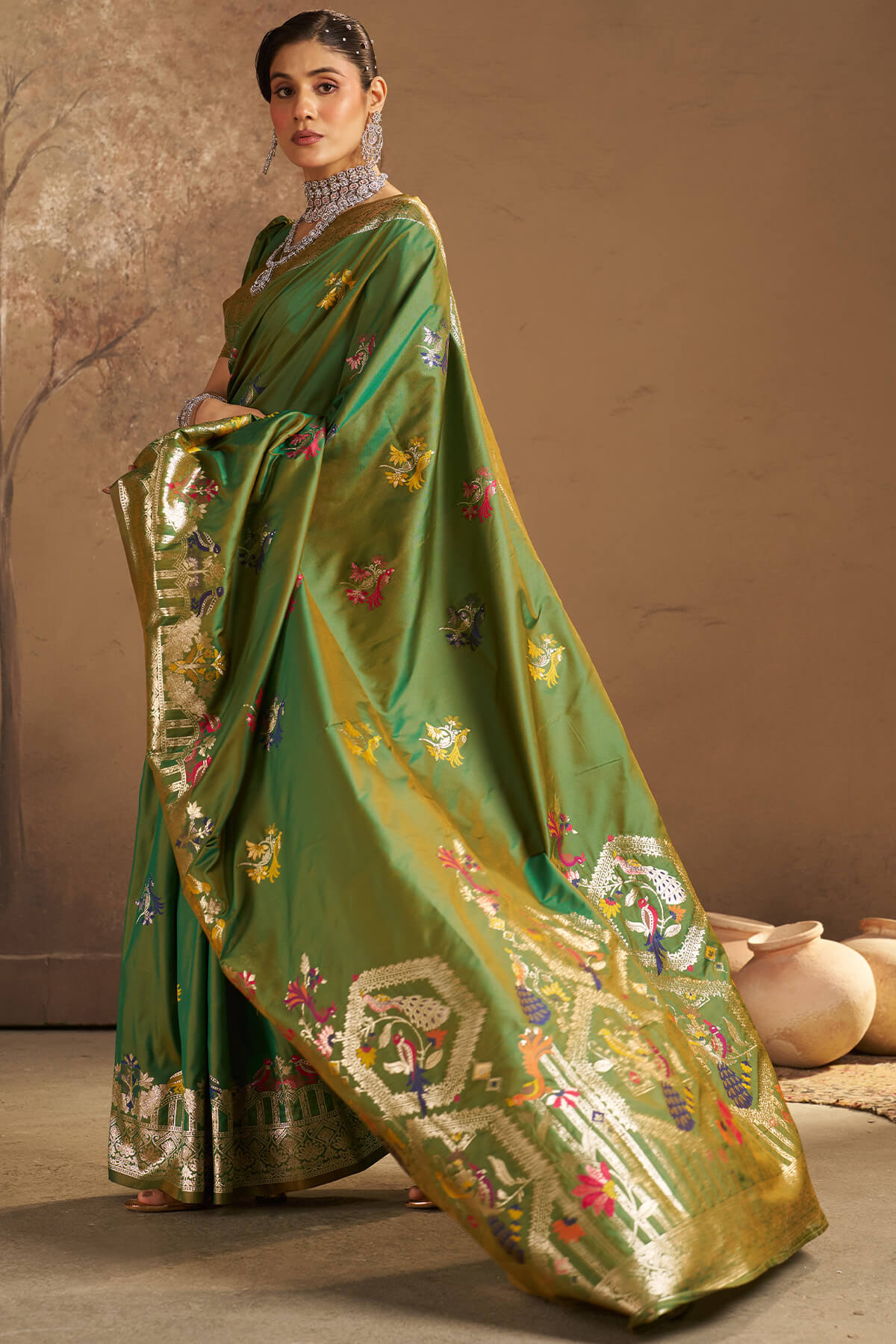Lovely Green Pure Zari Weaving Banarasi Silk Saree With Nectarous Blouse Piece