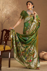 Lovely Green Pure Zari Weaving Banarasi Silk Saree With Nectarous Blouse Piece