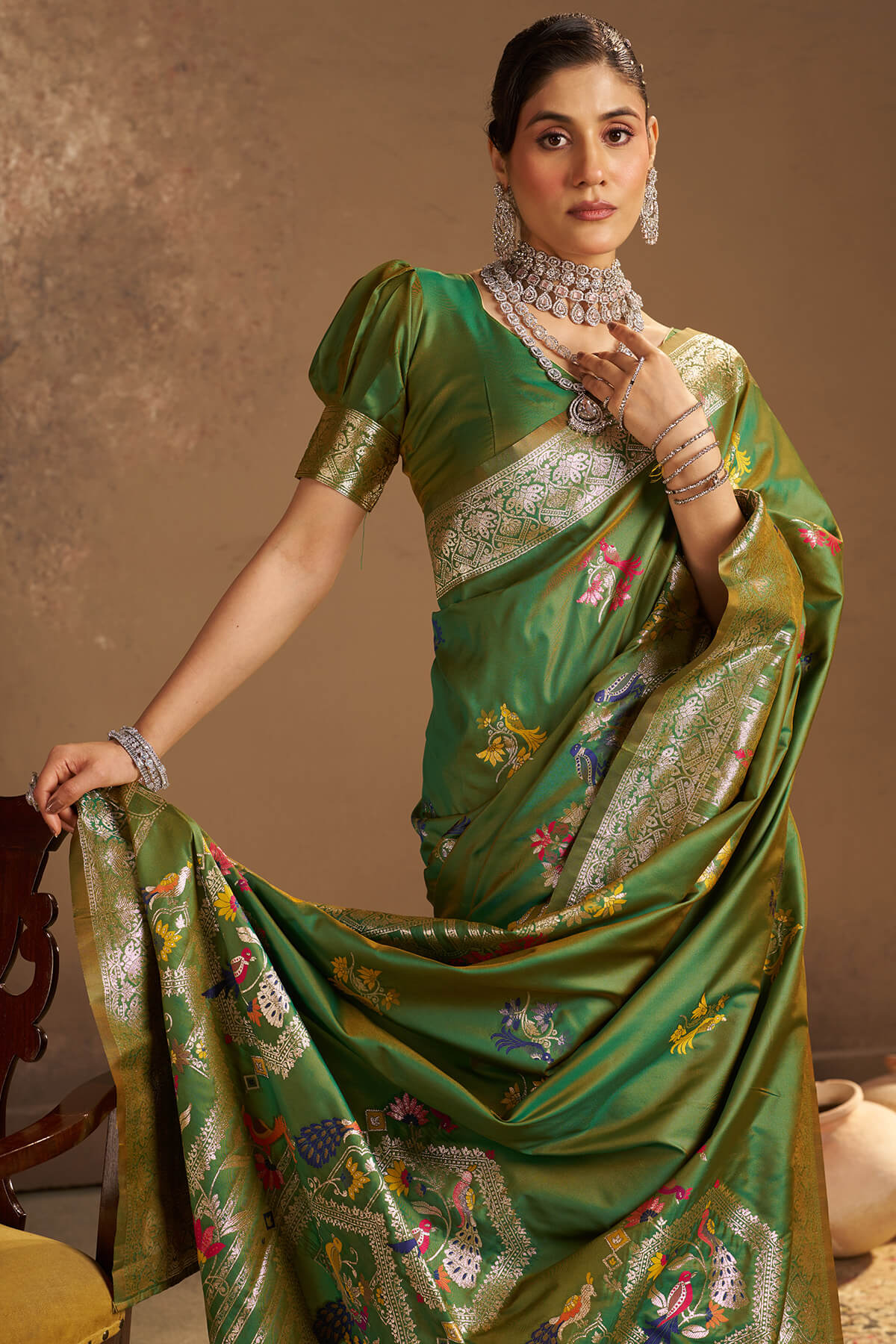 Lovely Green Pure Zari Weaving Banarasi Silk Saree With Nectarous Blouse Piece