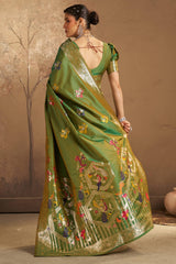Lovely Green Pure Zari Weaving Banarasi Silk Saree With Nectarous Blouse Piece