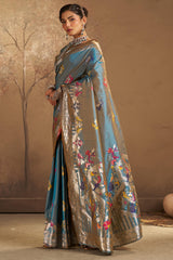 Sizzling Grey Pure Zari Weaving Banarasi Silk Saree With Dulcet Blouse Piece