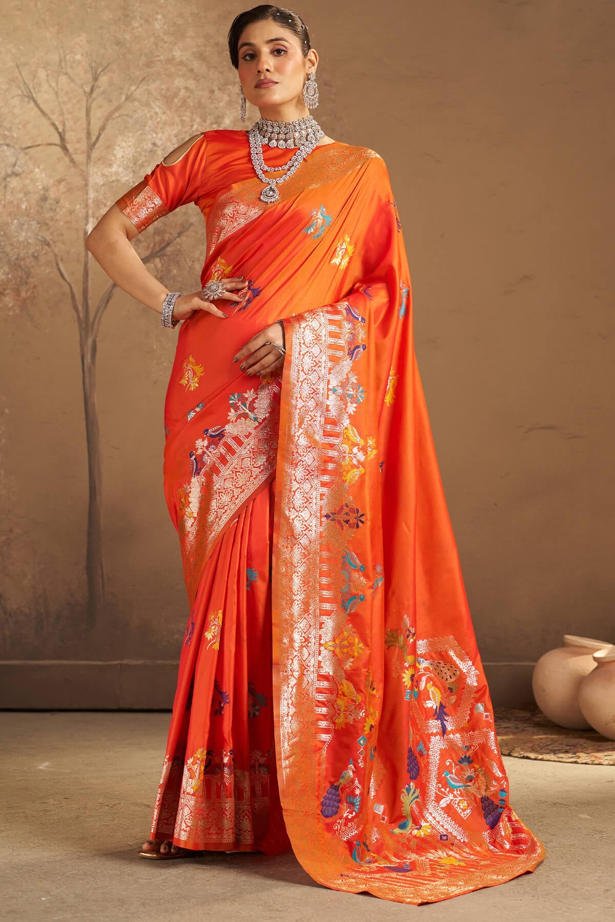 Unequalled Orange Pure Zari Weaving Banarasi Silk Saree With Sonorous Blouse Piece