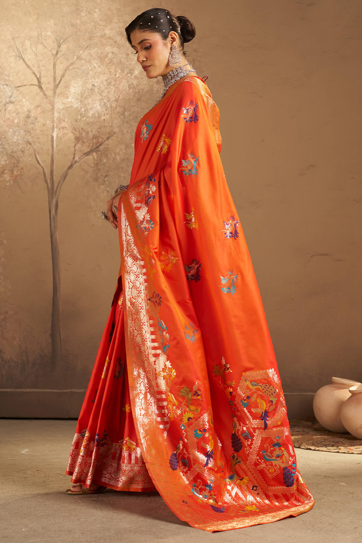 Unequalled Orange Pure Zari Weaving Banarasi Silk Saree With Sonorous Blouse Piece