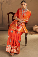 Unequalled Orange Pure Zari Weaving Banarasi Silk Saree With Sonorous Blouse Piece