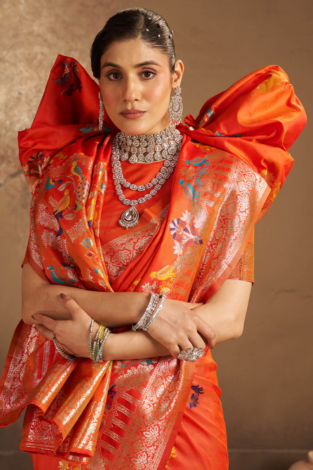 Unequalled Orange Pure Zari Weaving Banarasi Silk Saree With Sonorous Blouse Piece