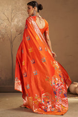 Unequalled Orange Pure Zari Weaving Banarasi Silk Saree With Sonorous Blouse Piece