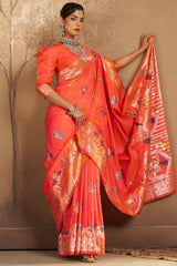 Beleaguer Peach Pure Zari Weaving Banarasi Silk Saree With Fancifull Blouse Piece