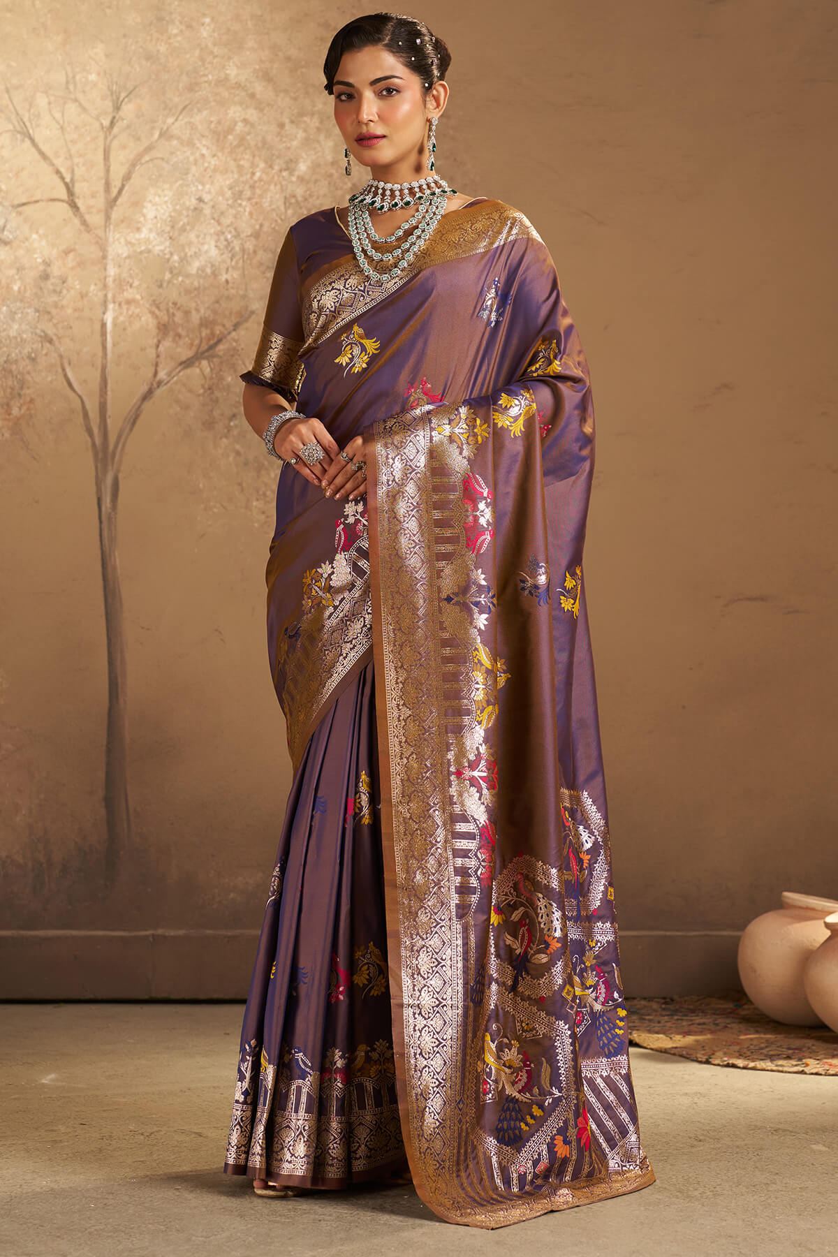 Resplendent Purple Pure Zari Weaving Banarasi Silk Saree With Scintilla Blouse Piece