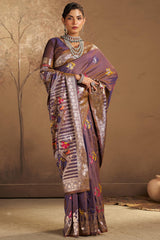 Resplendent Purple Pure Zari Weaving Banarasi Silk Saree With Scintilla Blouse Piece