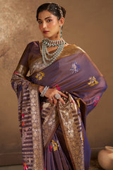 Resplendent Purple Pure Zari Weaving Banarasi Silk Saree With Scintilla Blouse Piece