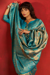 Engaging Firozi Kanjivaram Silk Saree With Felicitous Blouse Piece
