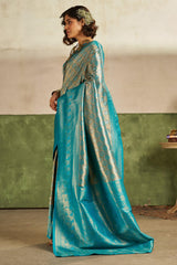 Flameboyant Firozi Kanjivaram Silk Saree With Appealing Blouse Piece