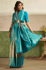 Flameboyant Firozi Kanjivaram Silk Saree With Appealing Blouse Piece