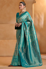 Sempiternal Firozi Kanjivaram Silk Saree With Unique Blouse Piece