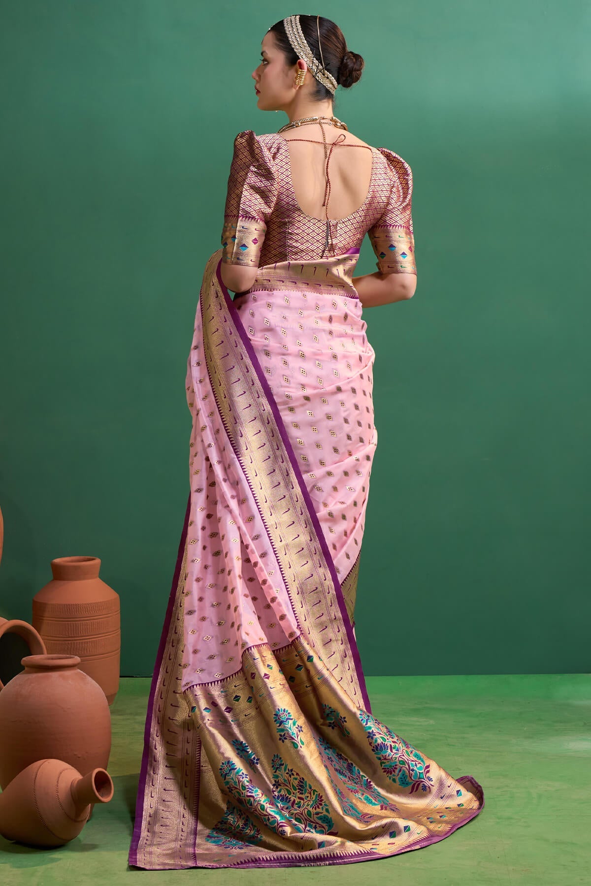 Luxuriant Baby Pink Organza Paithani Silk Saree With Traditional Blouse Piece